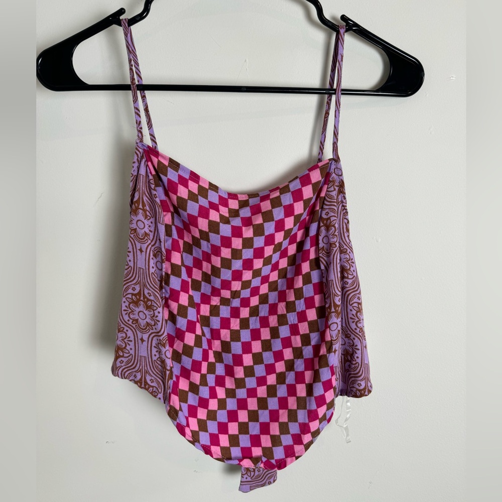 SO Purple Pink Checkered Floral Spaghetti Strap Handkerchief Junior’s Tank Top L